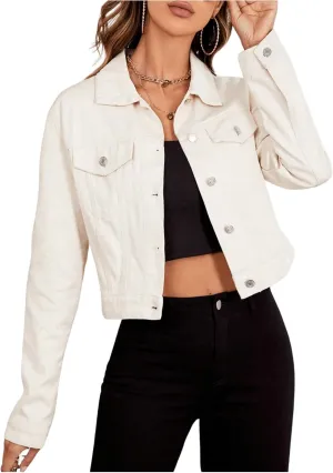 Floerns Women's Button Down Long Sleeve Denim Jacket Collar Flap Pocket Crop Jacket Coat