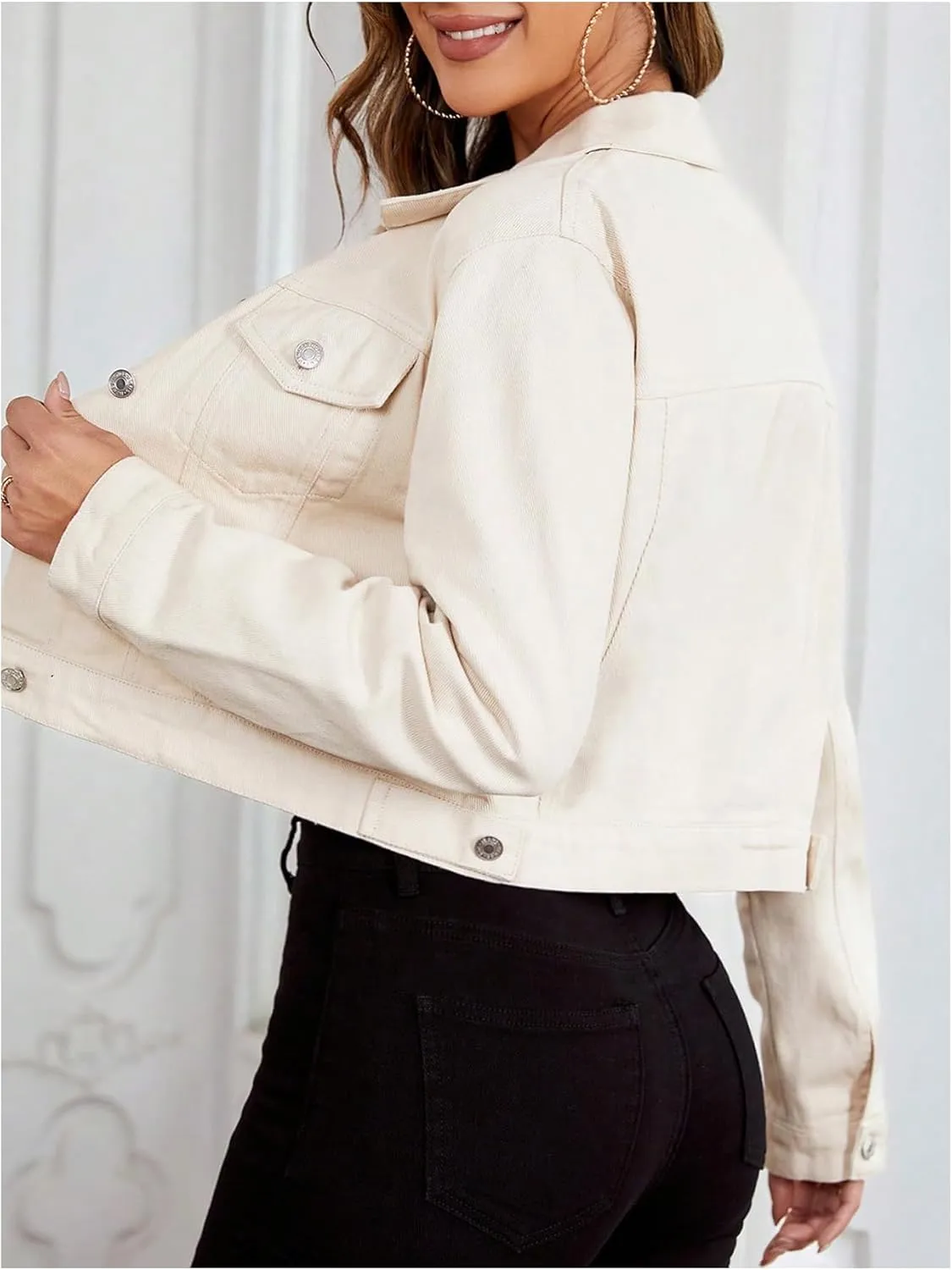 Floerns Women's Button Down Long Sleeve Denim Jacket Collar Flap Pocket Crop Jacket Coat
