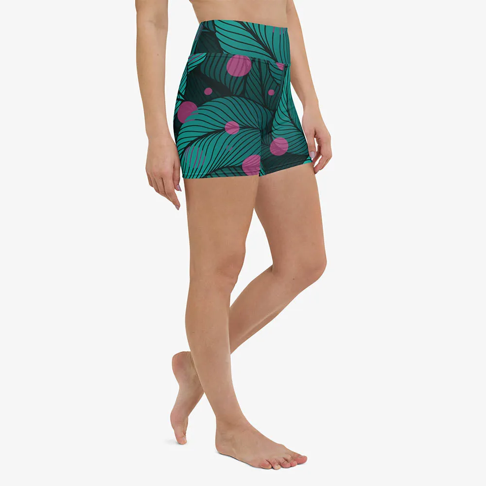 Floral Yoga Shorts "Fireflies" Green/Pink