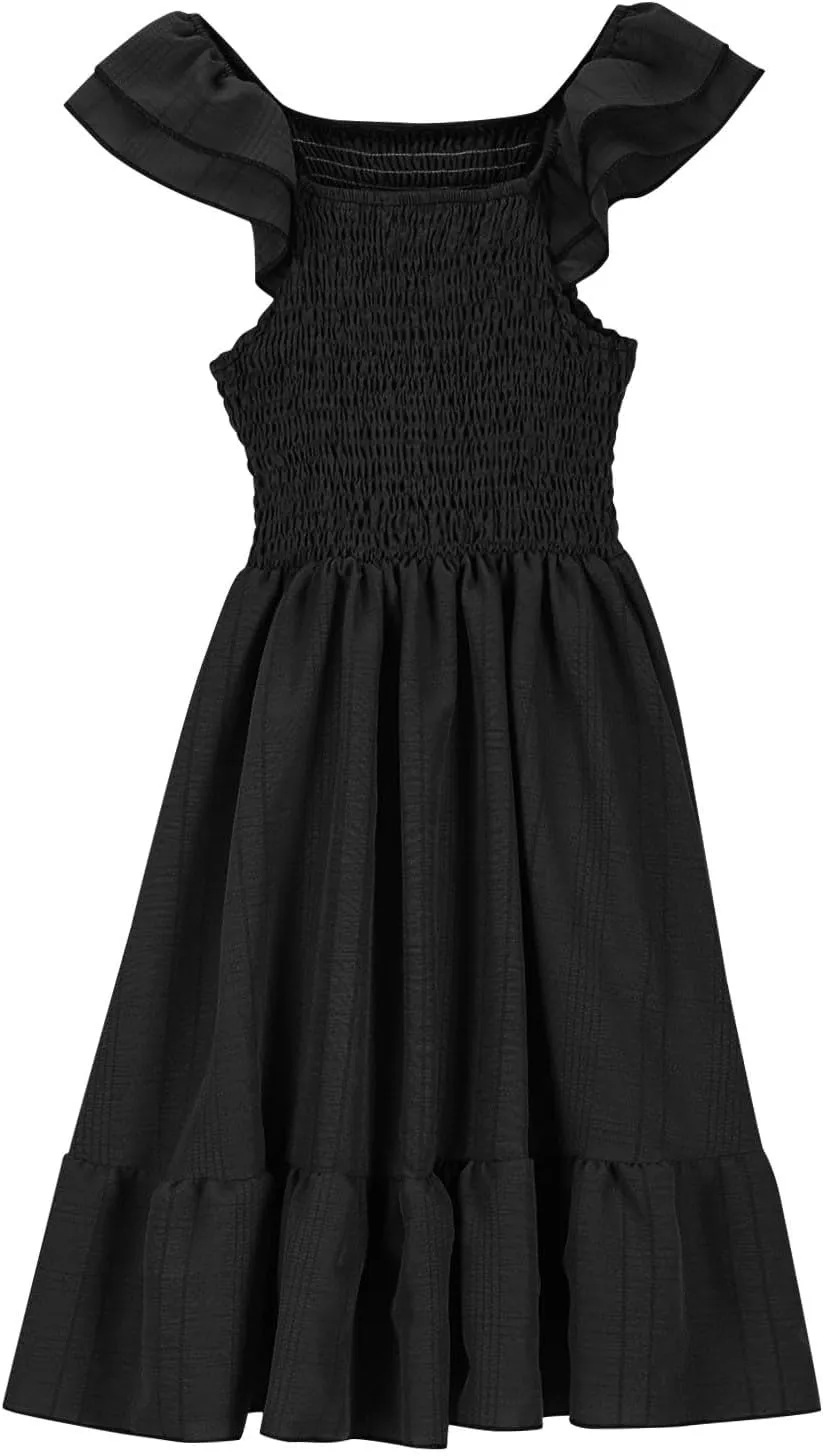 Girls Casual Dress Summer Flutter Sleeve Swing Dresses Kids Smocked Ruffle Mini Skirts Solid Color Tiered Sundress