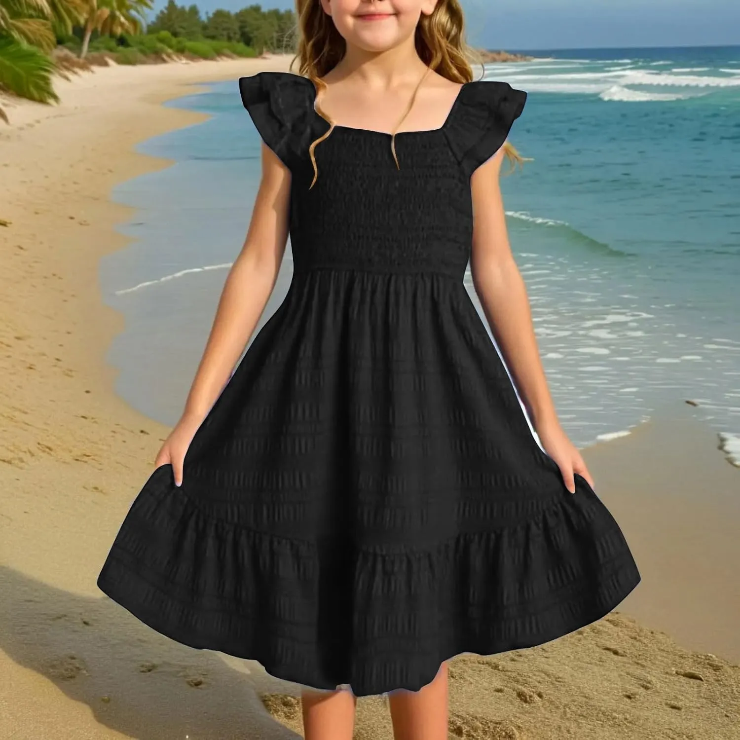 Girls Casual Dress Summer Flutter Sleeve Swing Dresses Kids Smocked Ruffle Mini Skirts Solid Color Tiered Sundress