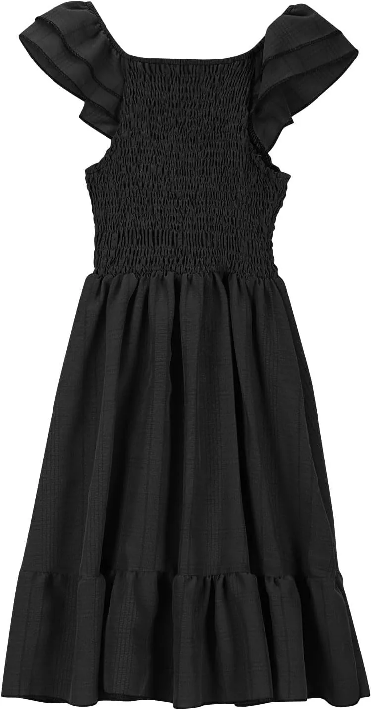 Girls Casual Dress Summer Flutter Sleeve Swing Dresses Kids Smocked Ruffle Mini Skirts Solid Color Tiered Sundress