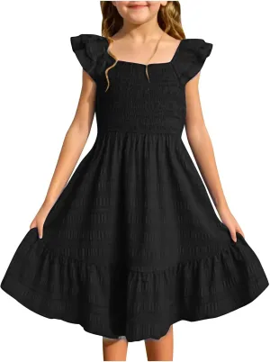 Girls Casual Dress Summer Flutter Sleeve Swing Dresses Kids Smocked Ruffle Mini Skirts Solid Color Tiered Sundress