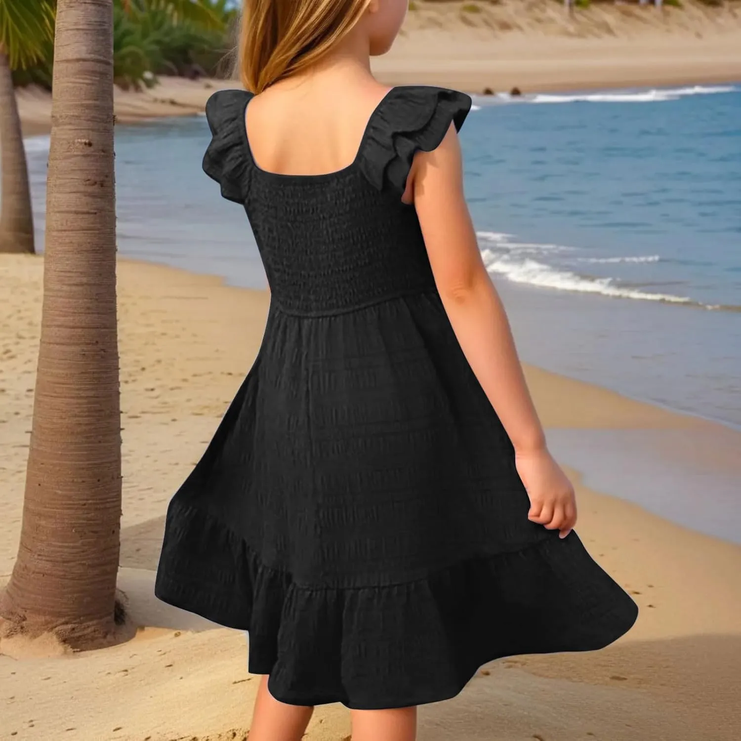 Girls Casual Dress Summer Flutter Sleeve Swing Dresses Kids Smocked Ruffle Mini Skirts Solid Color Tiered Sundress