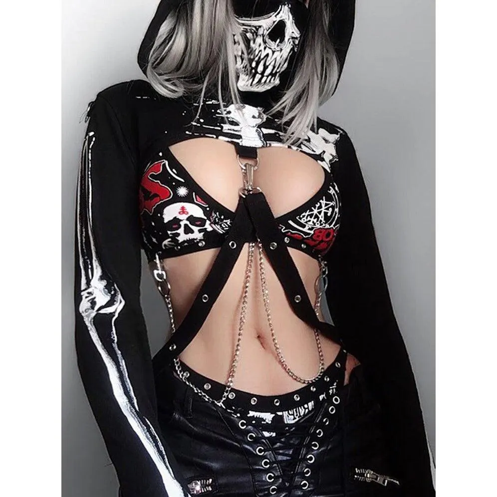 Gothic Scary Skull Hooded Hoodies, Impressive Skeleton Printed Long Sleeves Croptop For Women