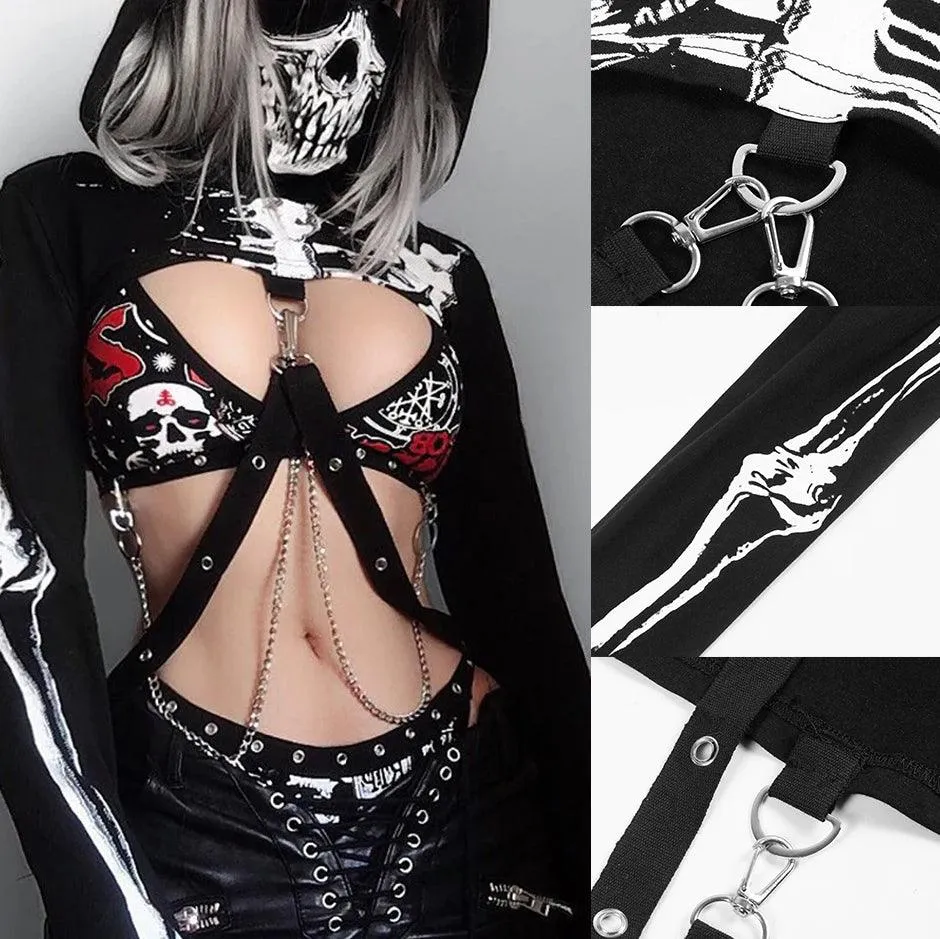Gothic Scary Skull Hooded Hoodies, Impressive Skeleton Printed Long Sleeves Croptop For Women