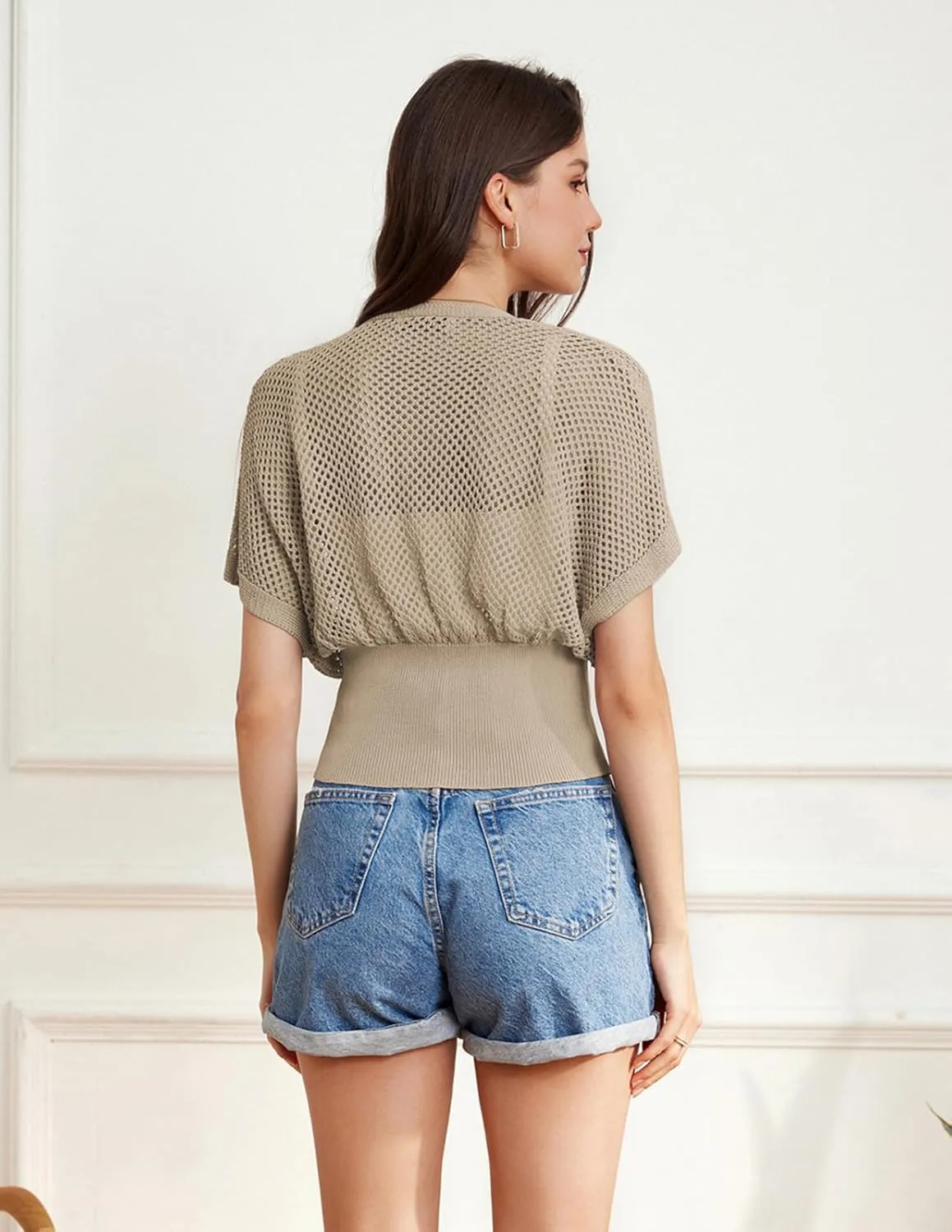 GRACE KARIN 2025 Women Short Sleeve Crochet Cardigan Summer Draped V-Neck Bolero Shrug Sweater Hollow Out Beach Cover Up
