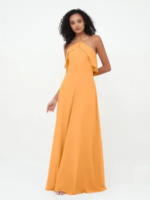 Halter Strap Chiffon Long Bridesmaid Dresses Tangerine