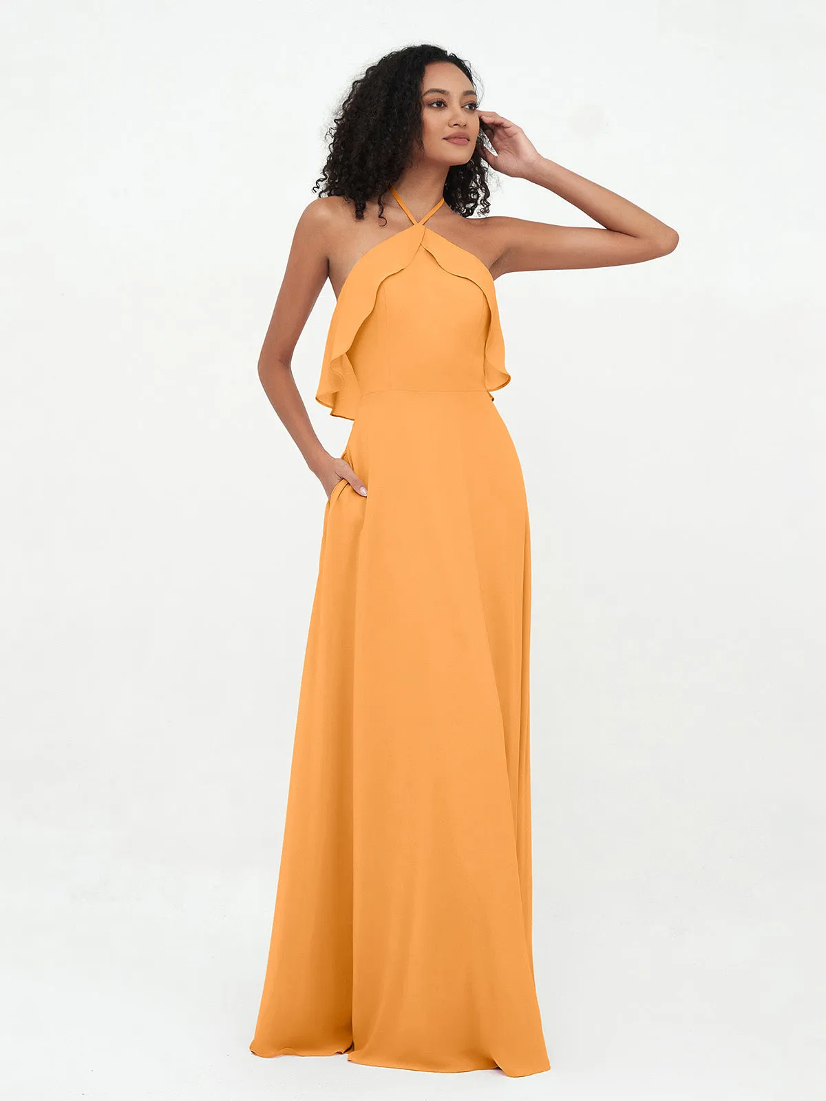 Halter Strap Chiffon Long Bridesmaid Dresses Tangerine