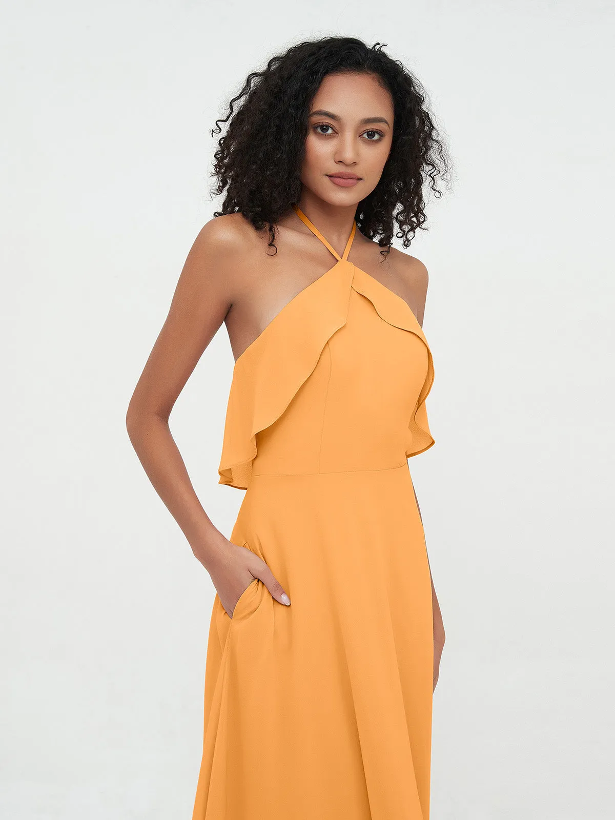 Halter Strap Chiffon Long Bridesmaid Dresses Tangerine