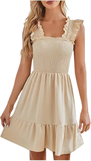HGps8w Summer Dress for Women Casual Smocked Square Neck Ruffle Sleeveless Tiered Loose Swing Mini Beach Sun Dress