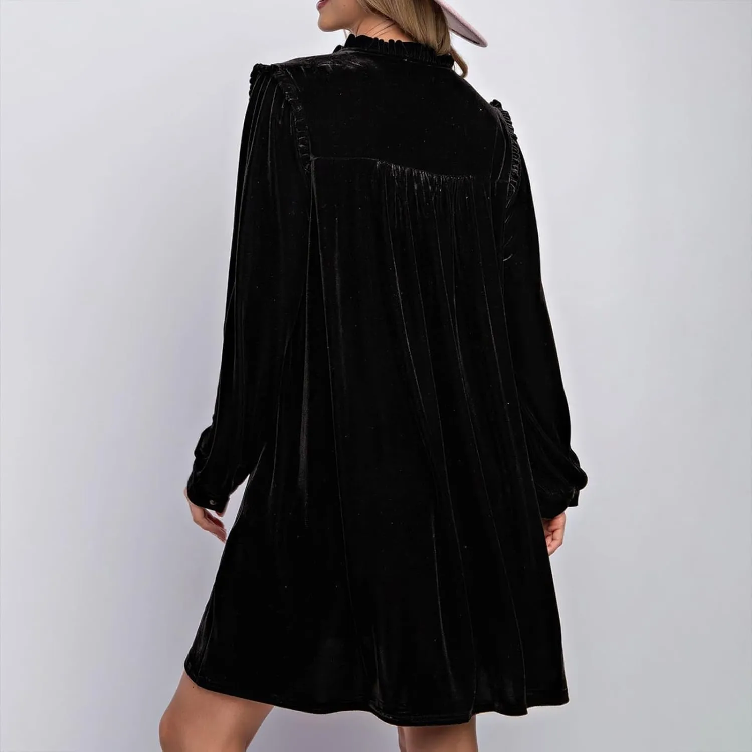 HGps8w Women's Loose Velvet Mini Dresses, Cute Ruffle Lantern Long Sleeve V Neck Evening Party Cocktail Dress