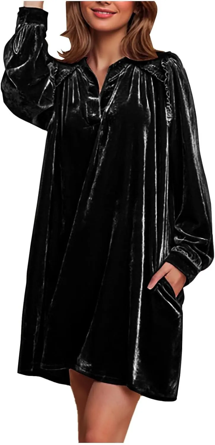 HGps8w Women's Loose Velvet Mini Dresses, Cute Ruffle Lantern Long Sleeve V Neck Evening Party Cocktail Dress