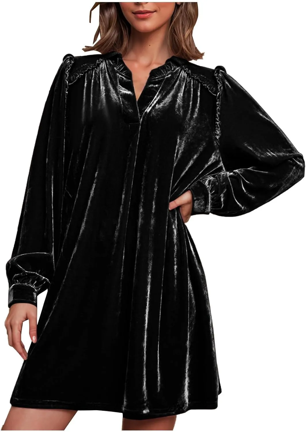 HGps8w Women's Loose Velvet Mini Dresses, Cute Ruffle Lantern Long Sleeve V Neck Evening Party Cocktail Dress