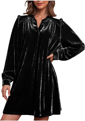 HGps8w Women's Loose Velvet Mini Dresses, Cute Ruffle Lantern Long Sleeve V Neck Evening Party Cocktail Dress