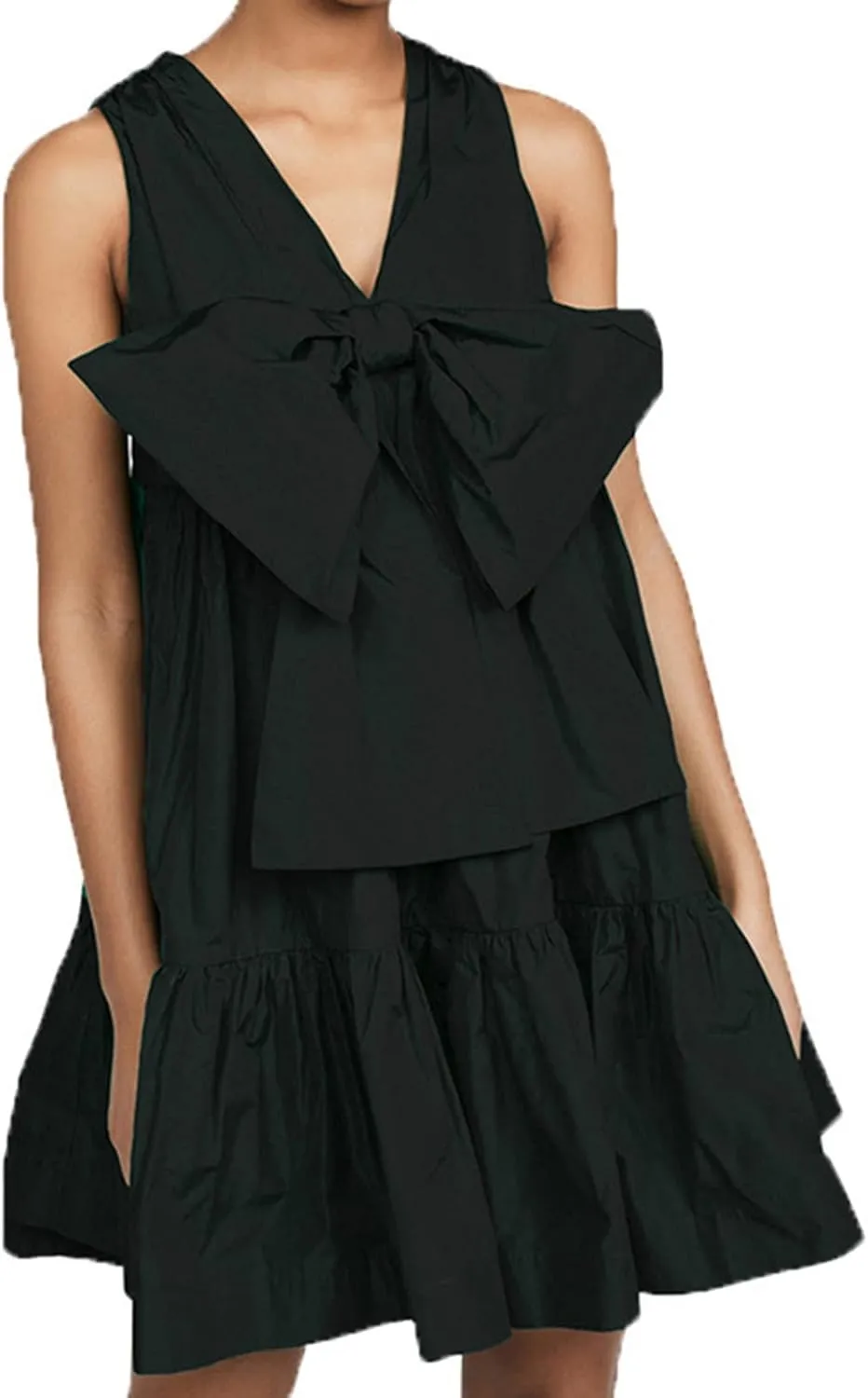 hlysgo Women's Summer Dress Casual Loose Fit Sleeveless V Neck Knee Length Beach Sundress Cute Front Tie-Bow Mini Dresses