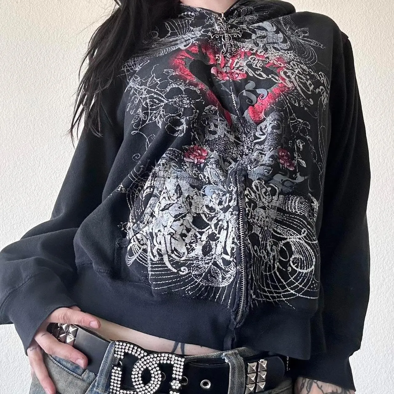 KOSUSANILL Women Y2K Zip Up Hoodies Grunge Graphic Oversized Jacket Goth Aesthetic Vintage Hooded Sweatshirt Streetwear