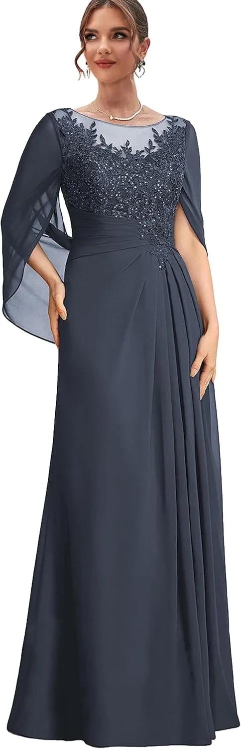 Lace Mother of The Bride Dresses with Sleeves Chiffon Long Formal Dress for Women Wedding Guest