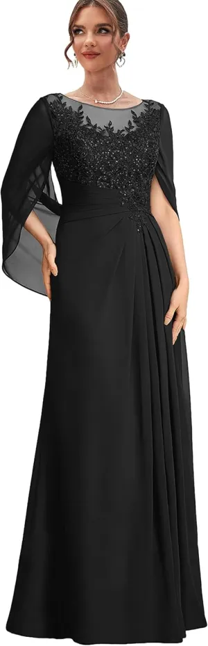Lace Mother of The Bride Dresses with Sleeves Chiffon Long Formal Dress for Women Wedding Guest