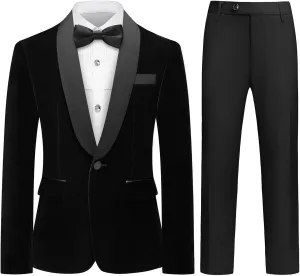 Lamgool Boys Velvet Tuxedo Suit 4 Piece Slim Fit Kids Formal Outfit Set with Blazer Dress Shirt Pant Bow Tie for Wedding