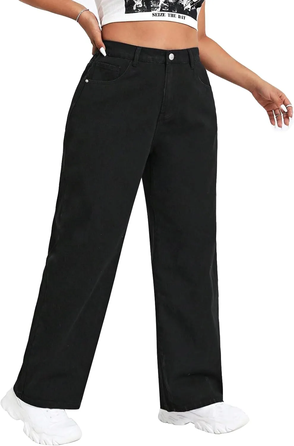 LEIJIJEANS Plus Size Baggy Jeans for Women Wide Leg Women Jeans Full Length Mom High Waist Tall Loose Wide Leg Pants