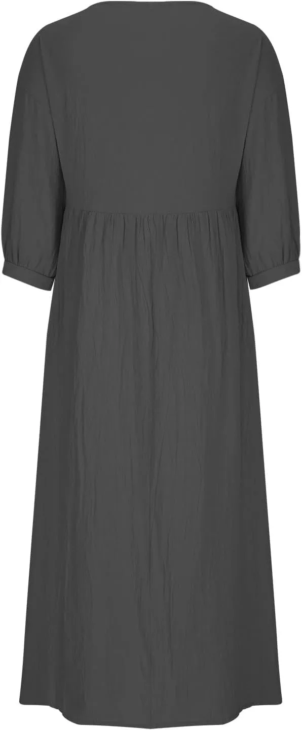 Linen Maxi Dresses for Women 2025 Casual Short Sleeve Solid Color Sundress Fashion Loose Pleated Dress with Pocket