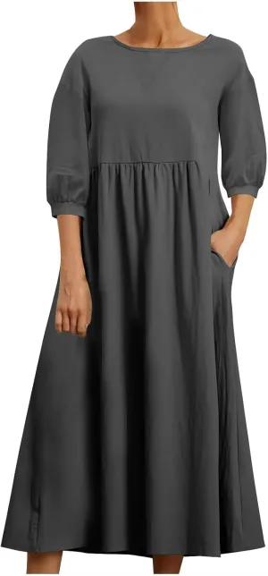 Linen Maxi Dresses for Women 2025 Casual Short Sleeve Solid Color Sundress Fashion Loose Pleated Dress with Pocket