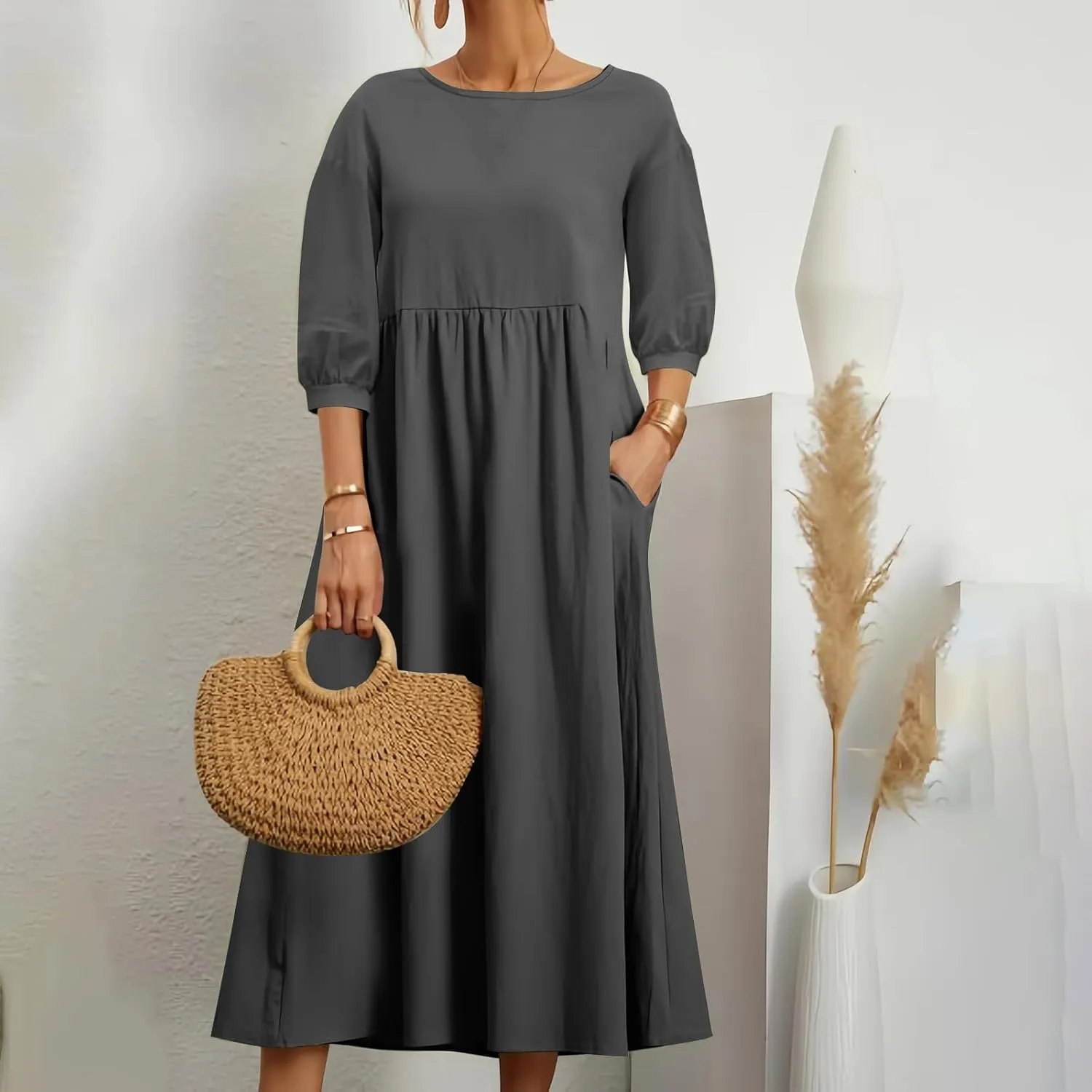 Linen Maxi Dresses for Women 2025 Casual Short Sleeve Solid Color Sundress Fashion Loose Pleated Dress with Pocket