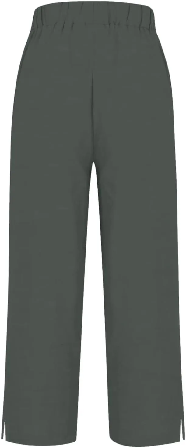 Linen Pants for Women Trendy Solid Straight Elastic Pant Long Drawstring Waist Cotton Casual Slit Plus Size Trousers