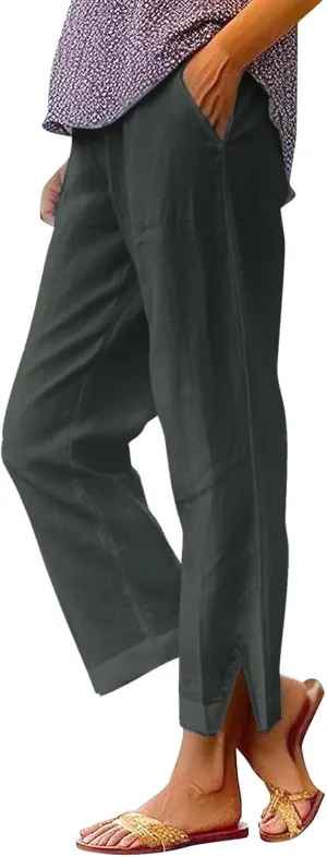 Linen Pants for Women Trendy Solid Straight Elastic Pant Long Drawstring Waist Cotton Casual Slit Plus Size Trousers