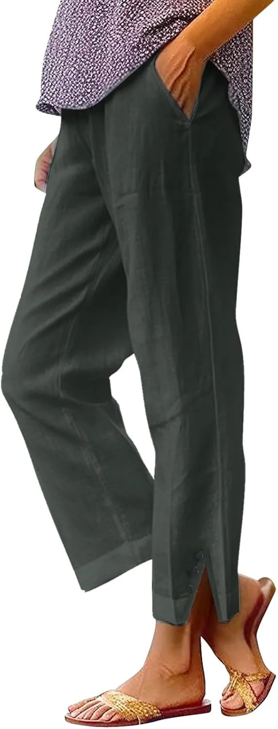 Linen Pants for Women Trendy Solid Straight Elastic Pant Long Drawstring Waist Cotton Casual Slit Plus Size Trousers