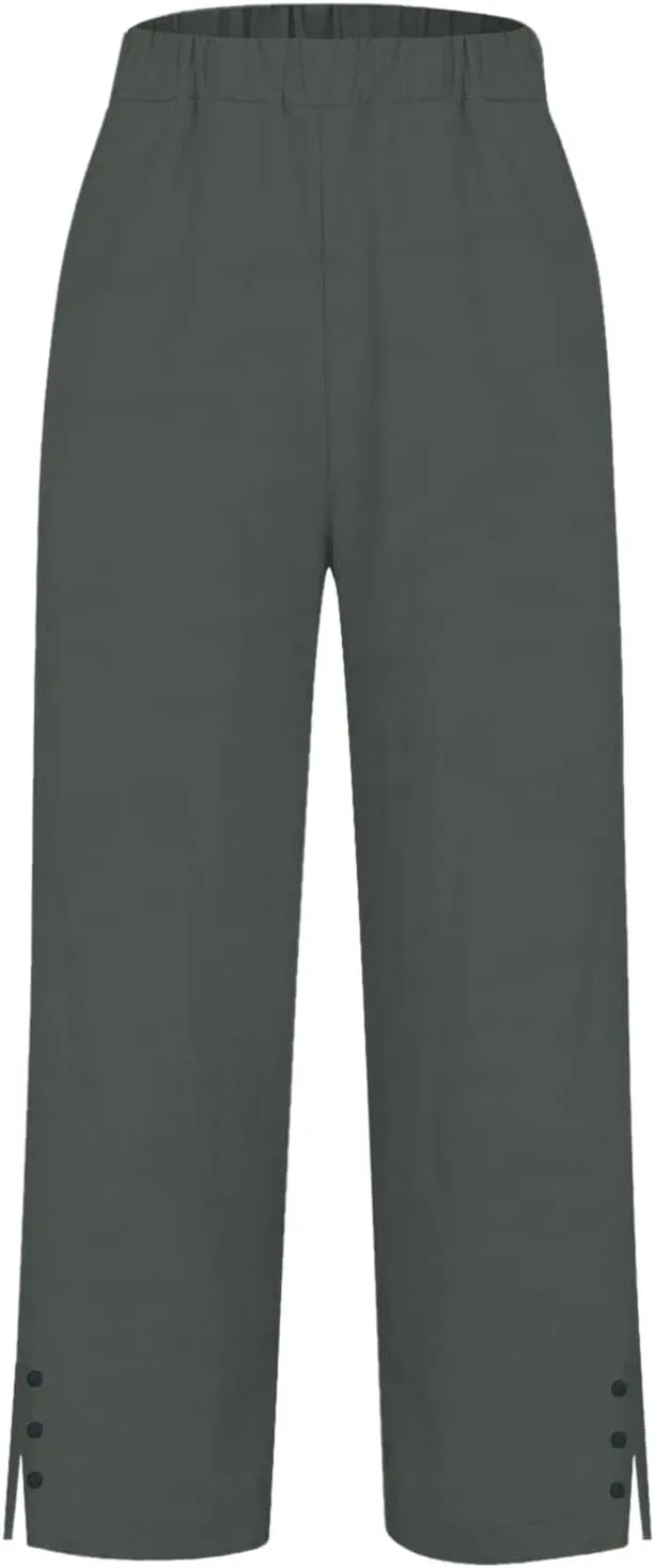 Linen Pants for Women Trendy Solid Straight Elastic Pant Long Drawstring Waist Cotton Casual Slit Plus Size Trousers