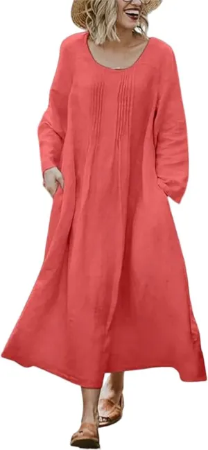 Long Sleeve Cotton Linen Midi Dress for Women,Plus Size Casual Elegant Plain Ruched Summer Long Holiday Dresses