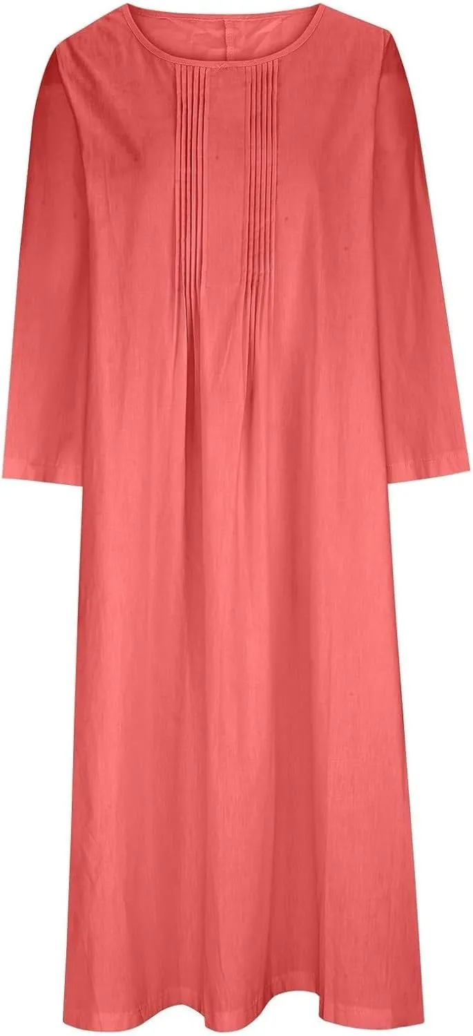 Long Sleeve Cotton Linen Midi Dress for Women,Plus Size Casual Elegant Plain Ruched Summer Long Holiday Dresses