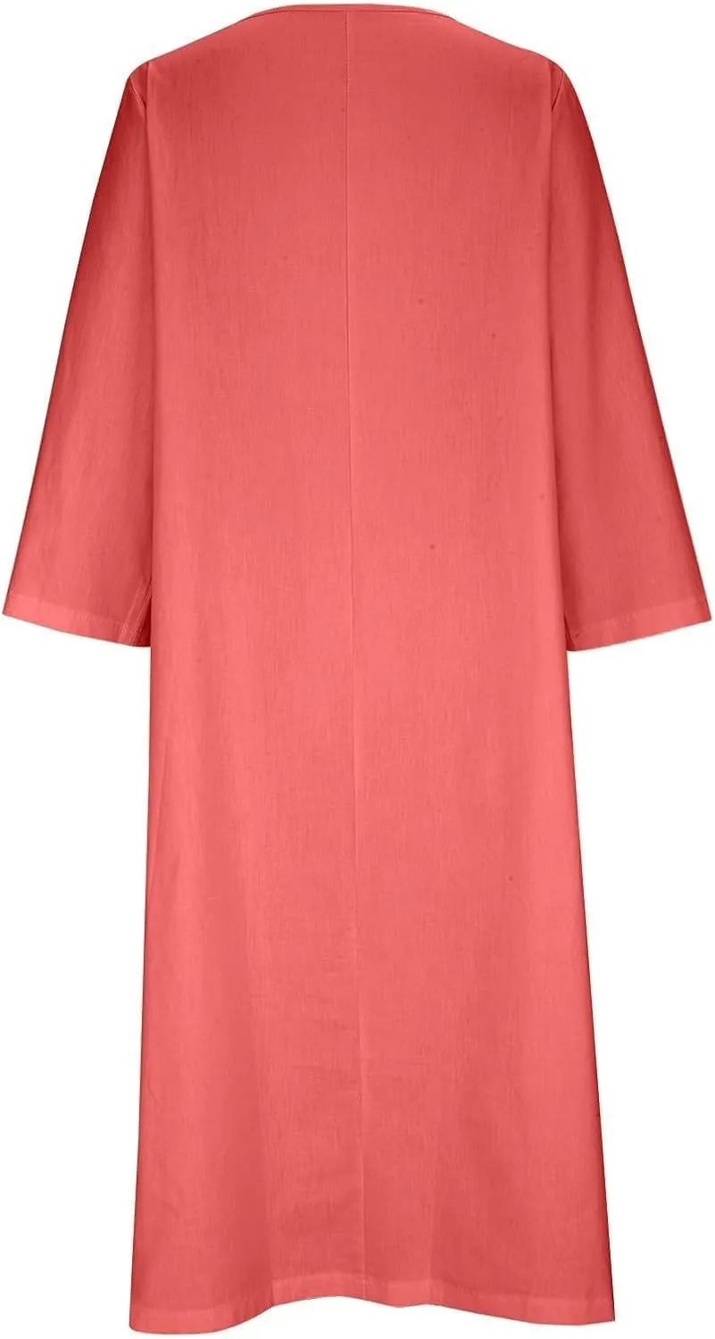 Long Sleeve Cotton Linen Midi Dress for Women,Plus Size Casual Elegant Plain Ruched Summer Long Holiday Dresses