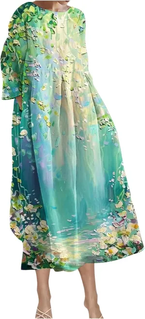 Long Sleeve Dress for Women Midi Casual Loose Fit Floral Boho Long Dress Fall Fashion 2024 Beach Vocation Dresses