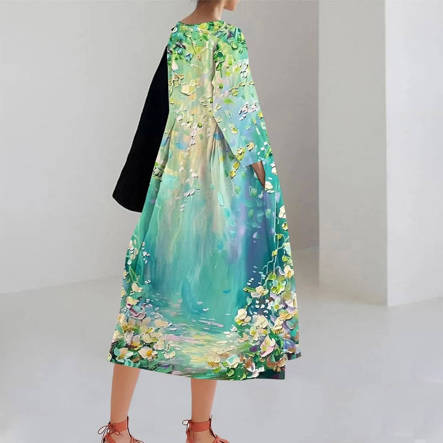Long Sleeve Dress for Women Midi Casual Loose Fit Floral Boho Long Dress Fall Fashion 2024 Beach Vocation Dresses