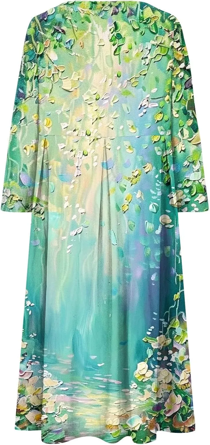 Long Sleeve Dress for Women Midi Casual Loose Fit Floral Boho Long Dress Fall Fashion 2024 Beach Vocation Dresses