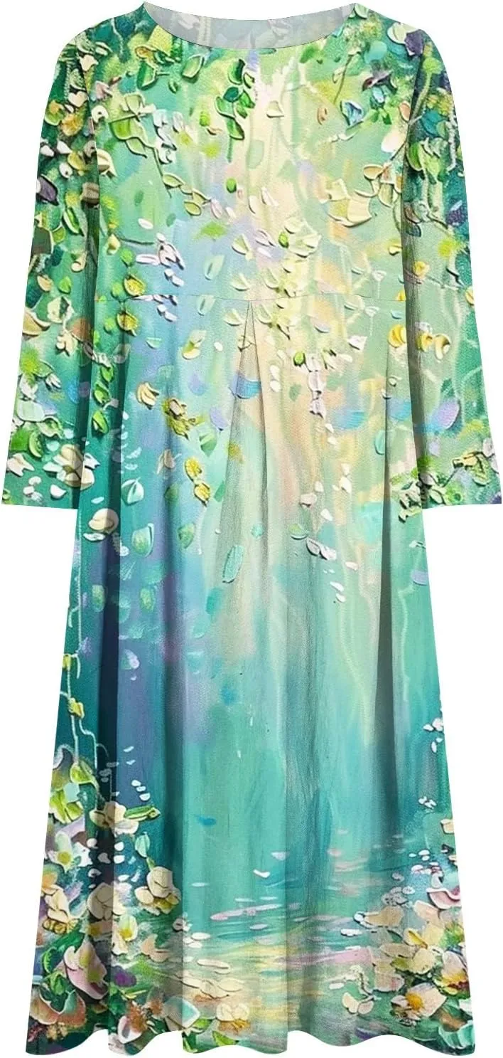 Long Sleeve Dress for Women Midi Casual Loose Fit Floral Boho Long Dress Fall Fashion 2024 Beach Vocation Dresses