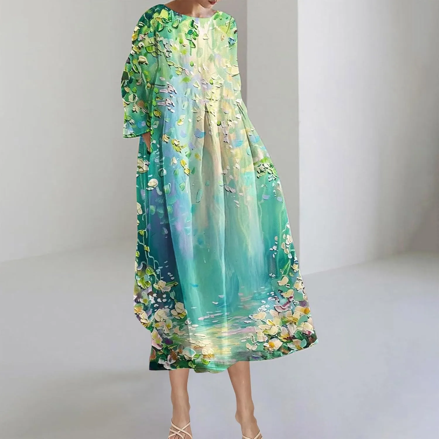 Long Sleeve Dress for Women Midi Casual Loose Fit Floral Boho Long Dress Fall Fashion 2024 Beach Vocation Dresses