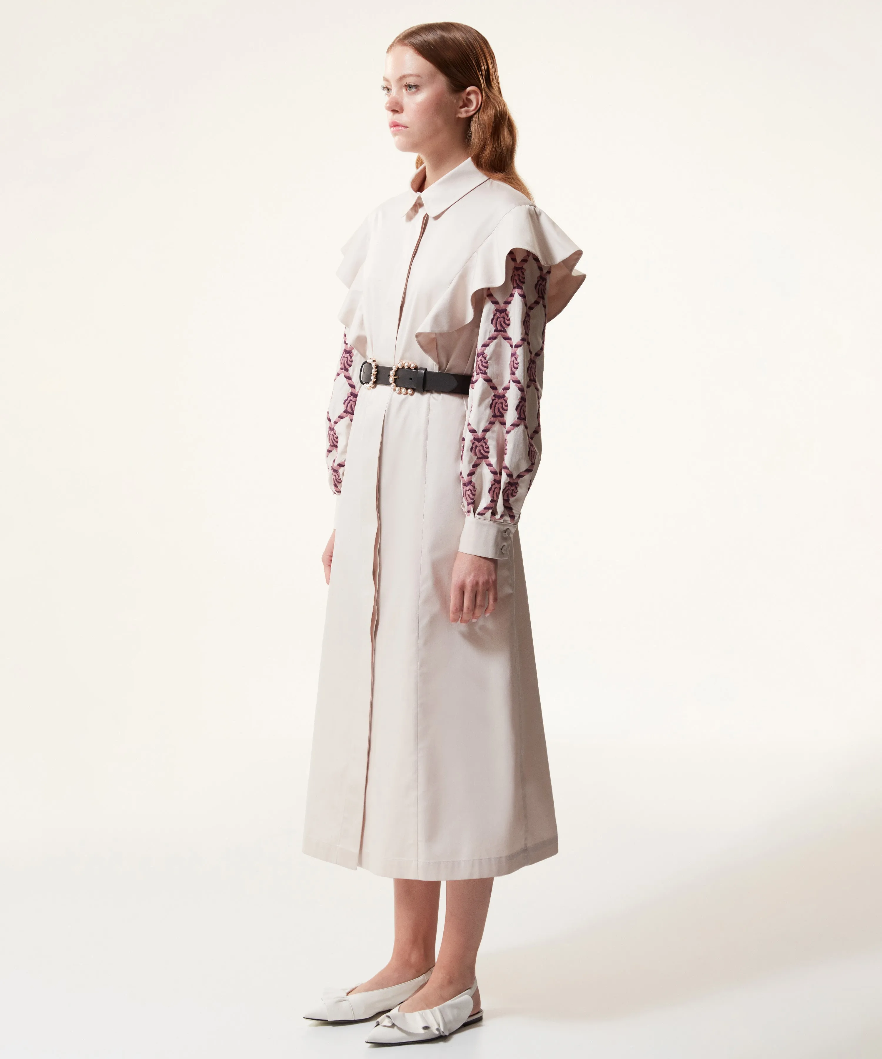 Machka Embroidered And Ruffled Shirt Dress Ecru