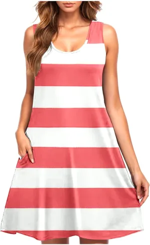 maisdgop Boho Dresses for Women 2025 Summer Casual Loose U Neck Mini Dress Trendy Flowy Striped Print Beach T Shirt Dress