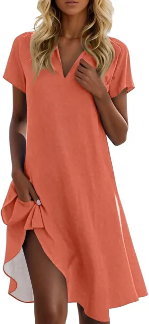 Maxi Dresses for Women 2025 Summer Casual Trendy Short Sleeve V-Neck Solid Color Flowy Dress, S-2XL