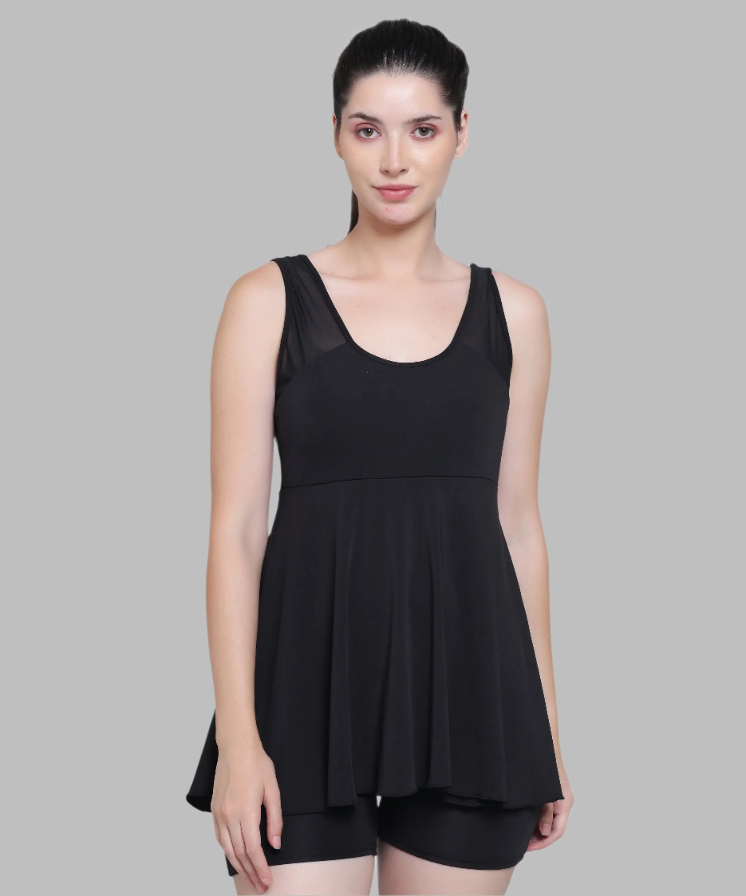 Megaska Lycra Frock Style Short Attached Padded One Piece Swimming Costume_Black