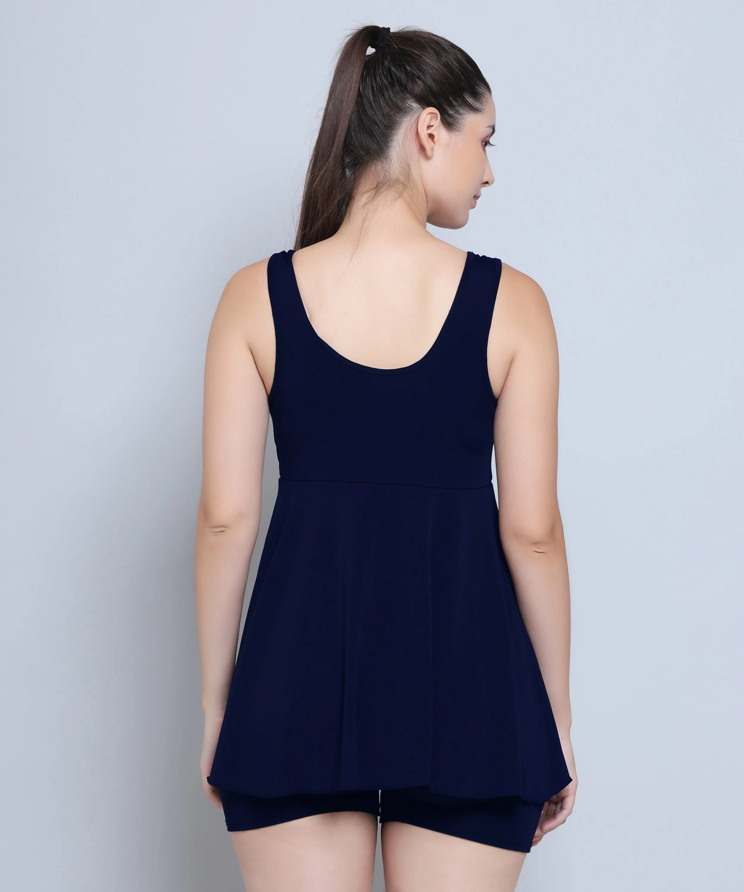 Megaska Lycra Frock Style Short Attached Padded One Piece Swimming Costume_NavyBlue