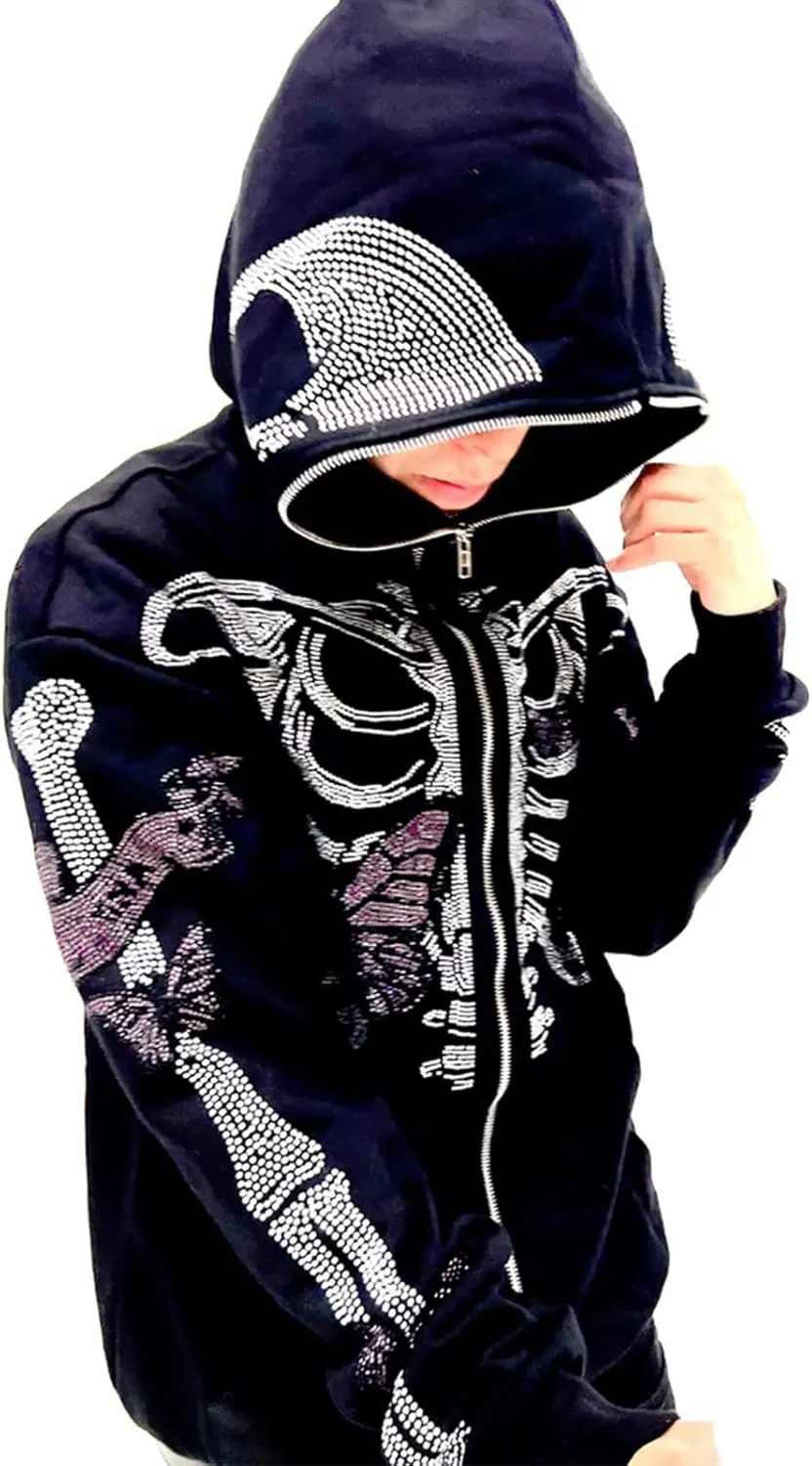 Men Rhinestone Y2k Full Zip Up Hoodies Women Oversized Skull Skeleton Sweatshirt Zip Over Face Gothic Jacket