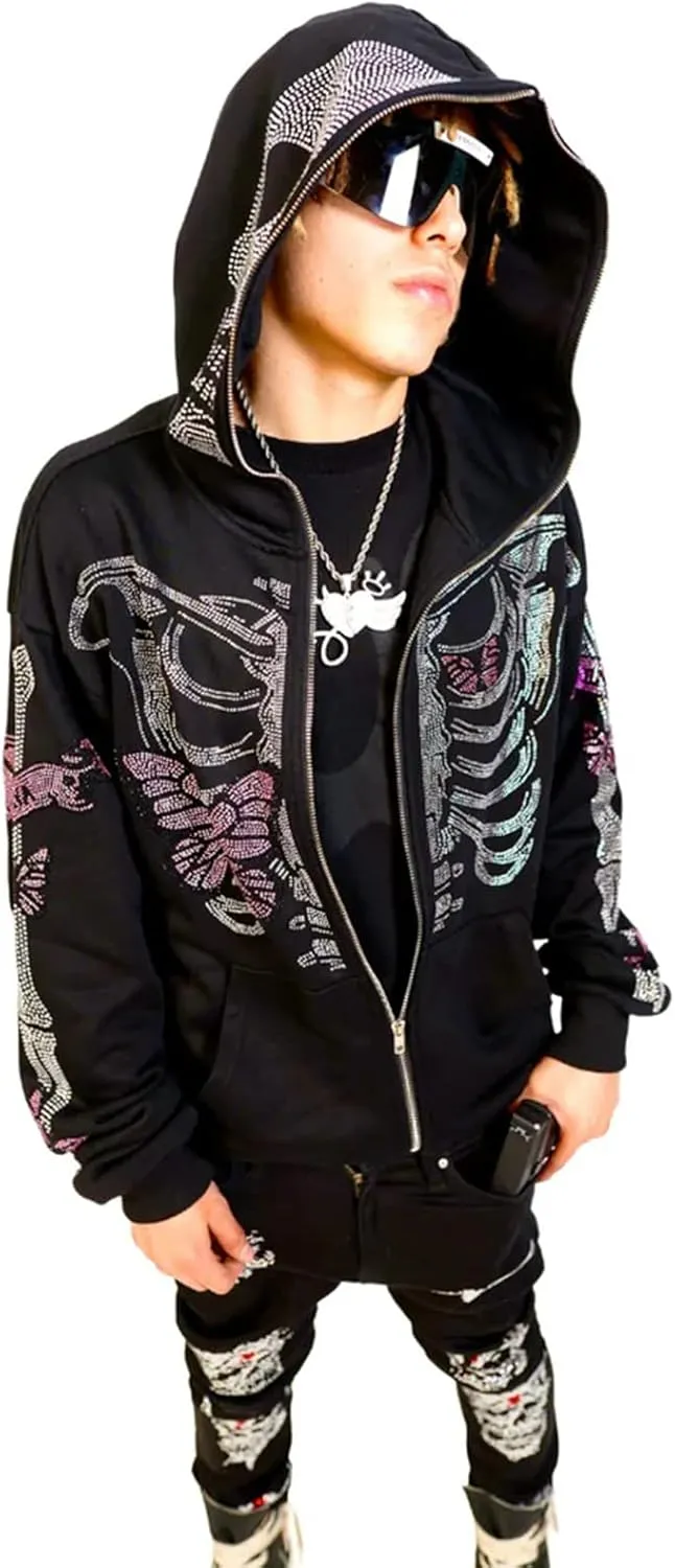 Men Rhinestone Y2k Full Zip Up Hoodies Women Oversized Skull Skeleton Sweatshirt Zip Over Face Gothic Jacket
