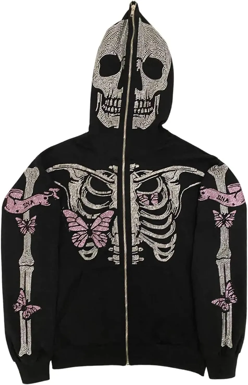 Men Rhinestone Y2k Full Zip Up Hoodies Women Oversized Skull Skeleton Sweatshirt Zip Over Face Gothic Jacket