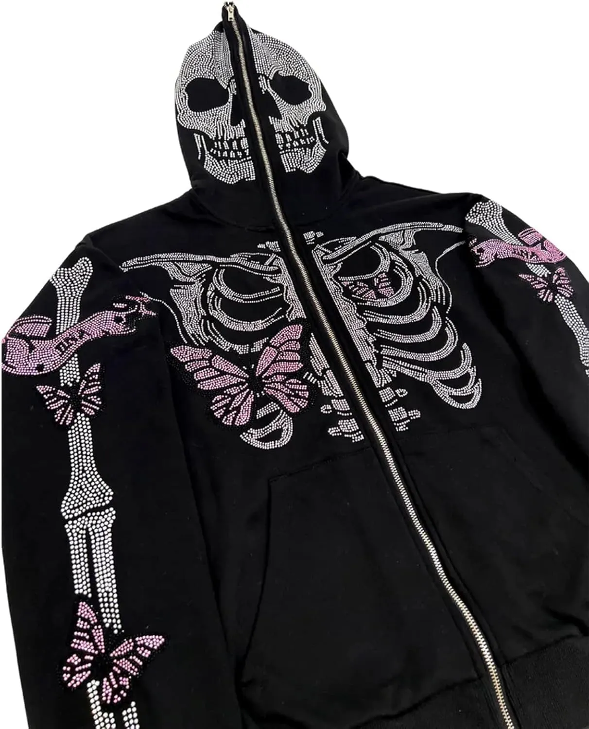 Men Rhinestone Y2k Full Zip Up Hoodies Women Oversized Skull Skeleton Sweatshirt Zip Over Face Gothic Jacket