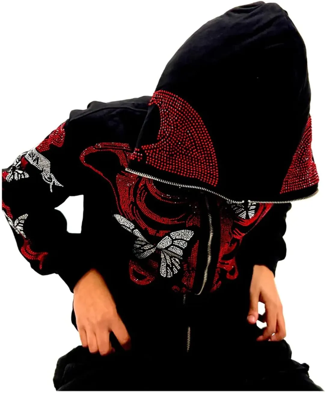 Men Rhinestone Y2k Full Zip Up Hoodies Women Oversized Skull Skeleton Sweatshirt Zip Over Face Gothic Jacket